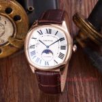 Drive De Cartier Moon Phases Rose Gold Case White Roman Dial Brown Leather Band Copy Watch